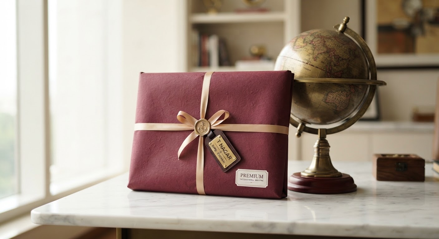 A wrapped parcel beside a globe